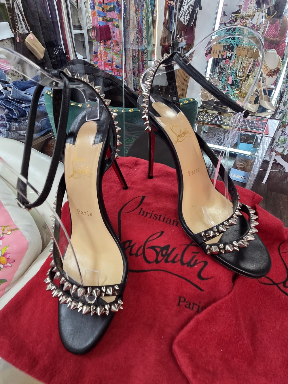Christian Louboutin Black Leather Spike-Stud Ankle-Strap Stilettos